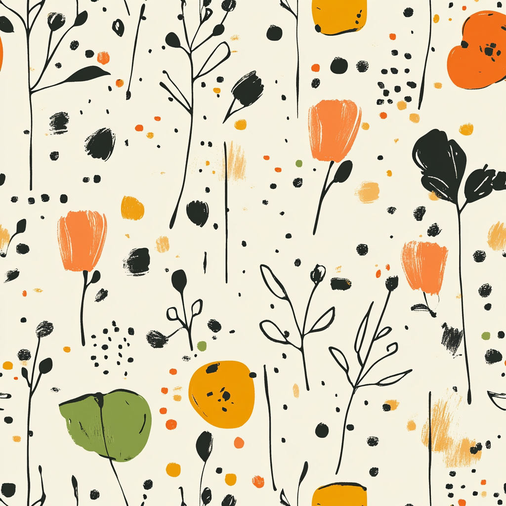 Children's Floral Drawings on Beige Seamless Pattern