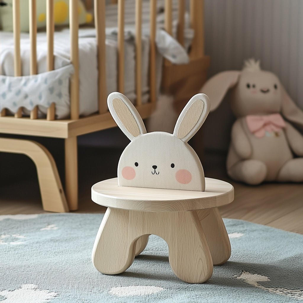 Children's Rabbit-Styled Wooden Stool with Backrest 