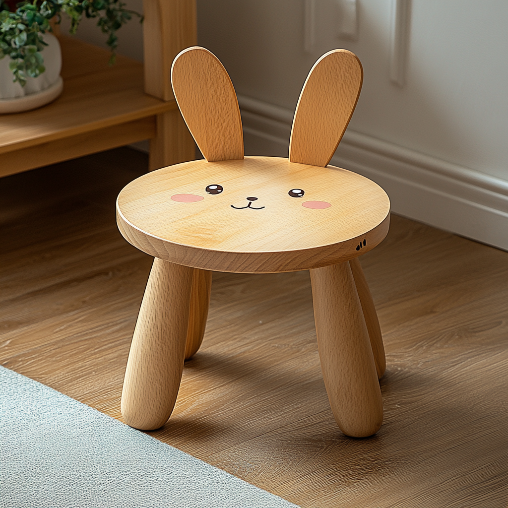 Children's Rabbit-Themed Wooden Stool with Backrest 