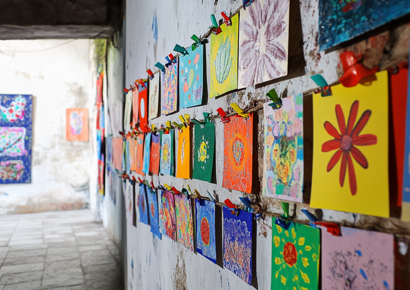 Children's artworks hung in frames for holiday decorations pride.