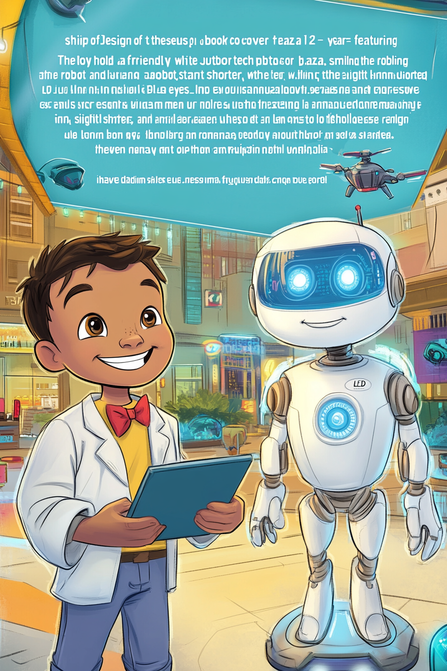 Children's book cover: 12-year-old boy, friendly white robot