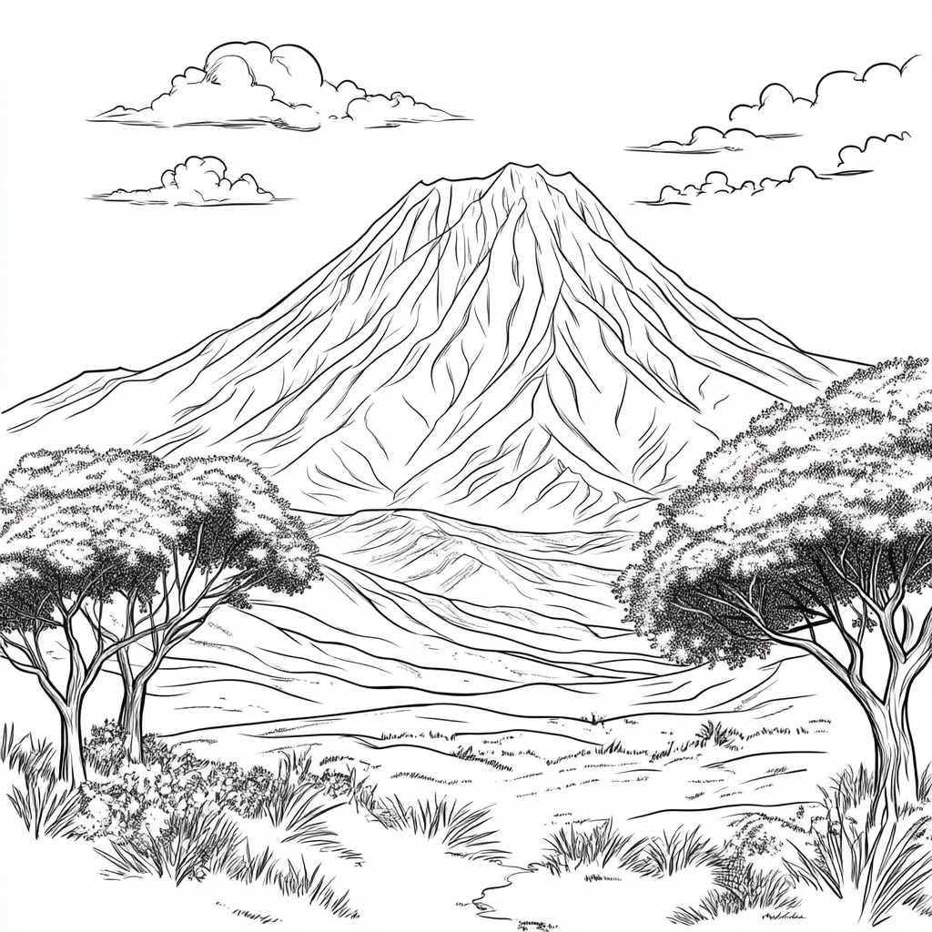 Children's coloring book illustration of Mount Kilimanjaro with savannah.