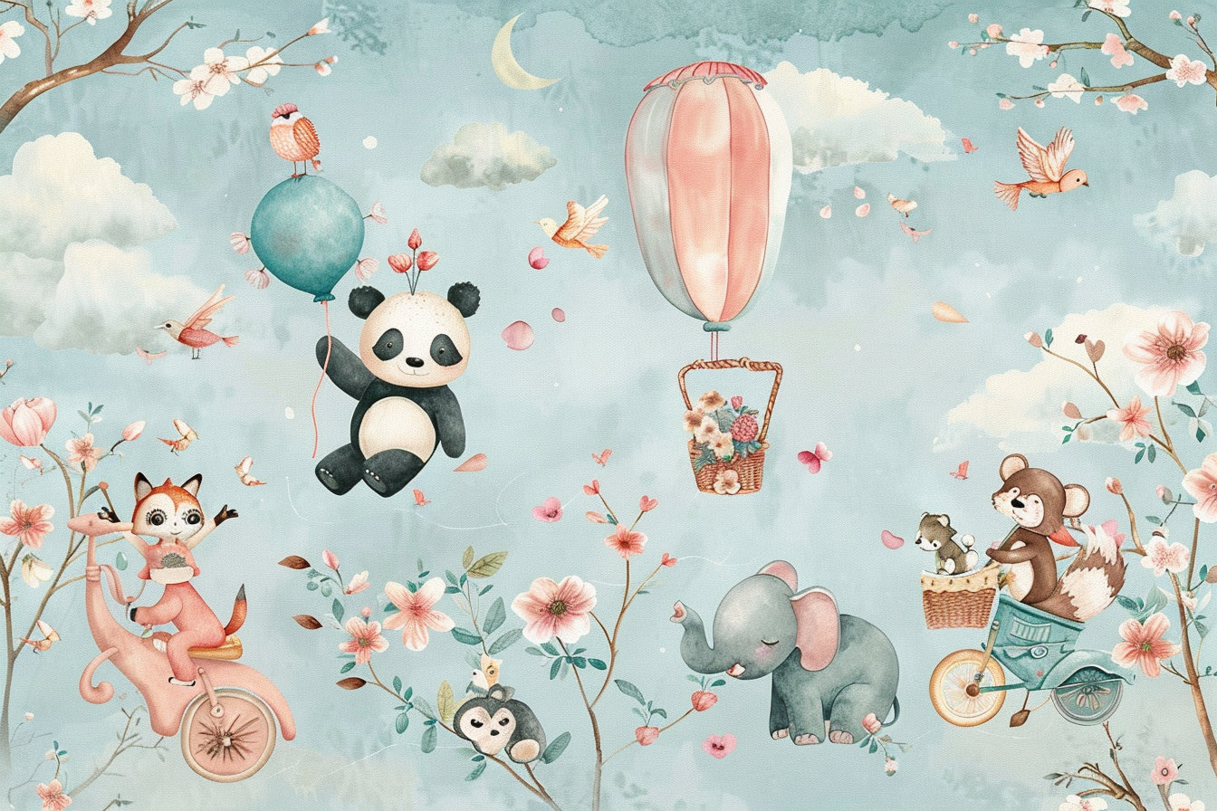 Children's mural with whimsical animals, colorful balloons, flowers.
