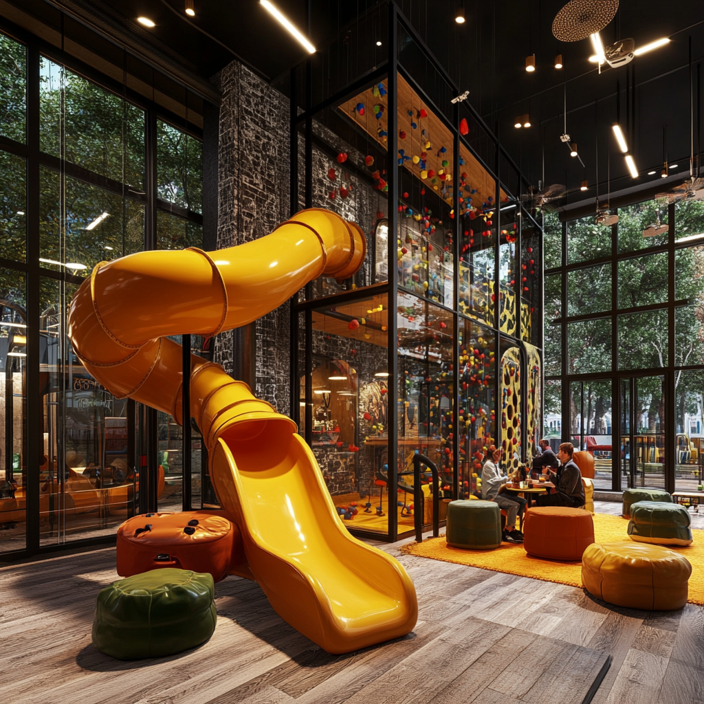 Children's play area with slides, climbing wall, bar