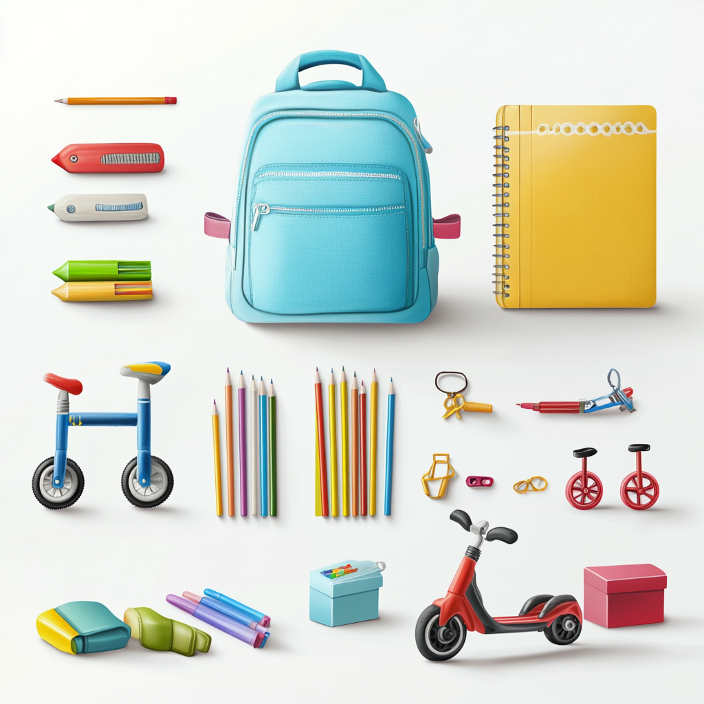 Children's store products displayed neatly on white background.