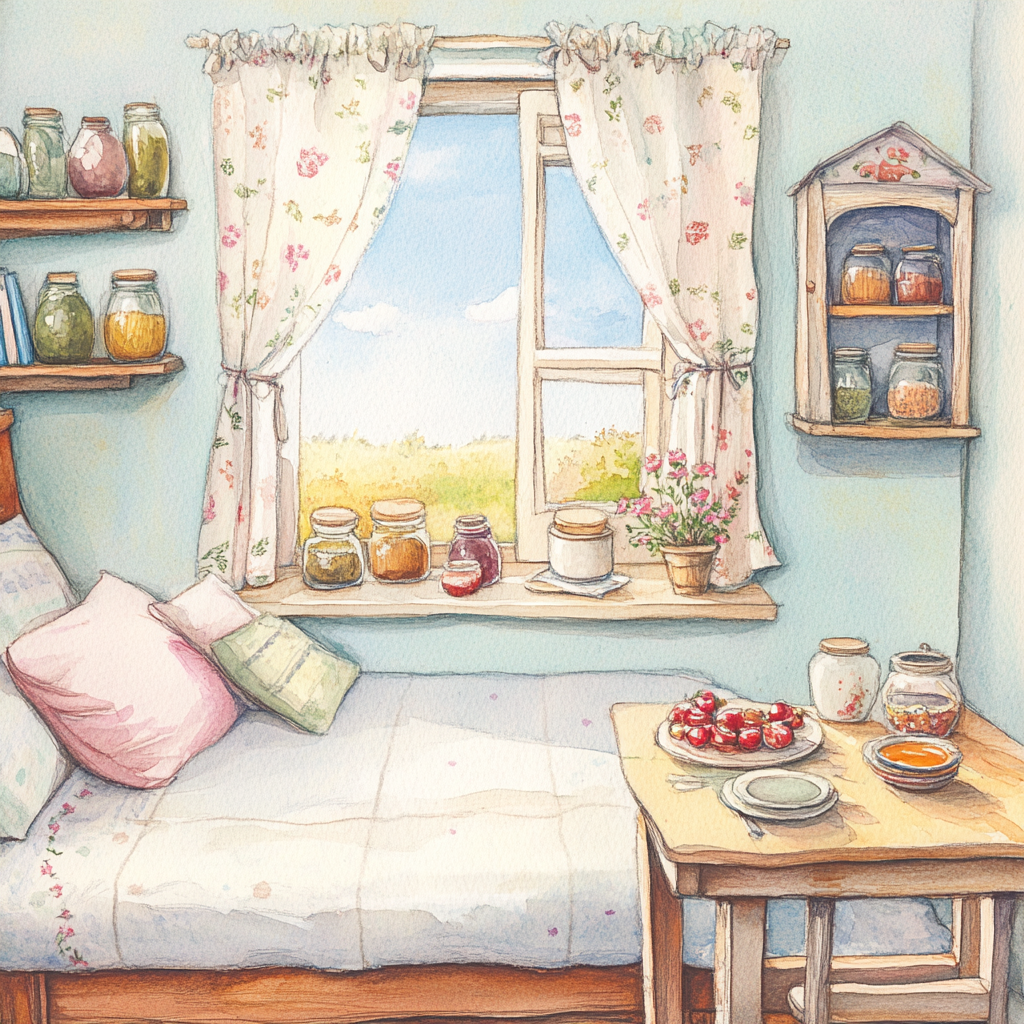 Children's watercolor of cozy kitchen in apartment