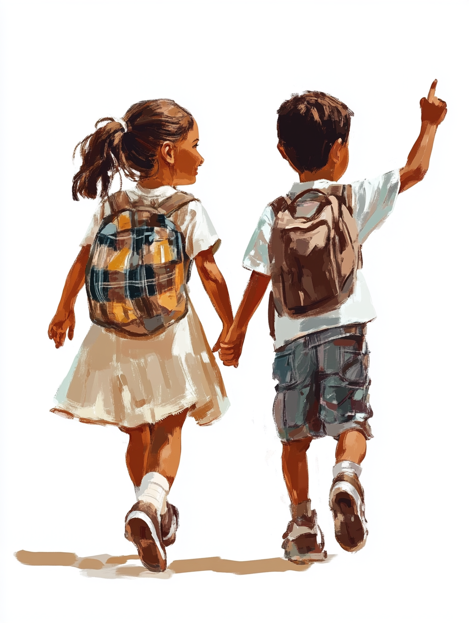 Children, boy and girl, of different races, walk happily