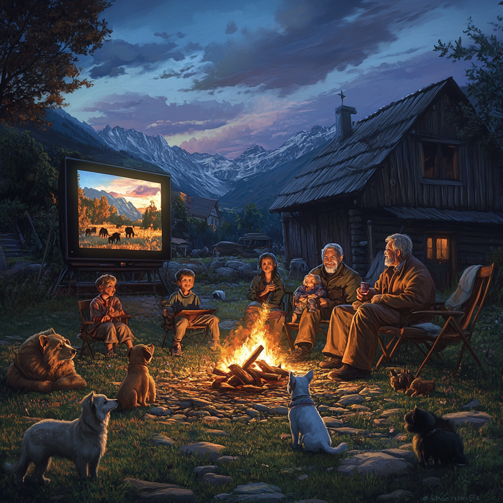 Children, elder man at campfire; animals nearby, movie plays.