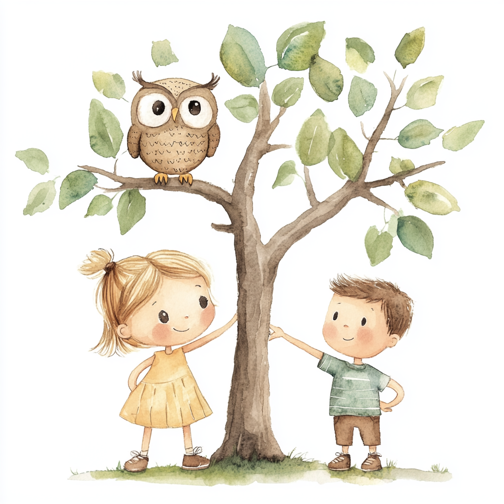 Children Observing Owl in Watercolor Illustration