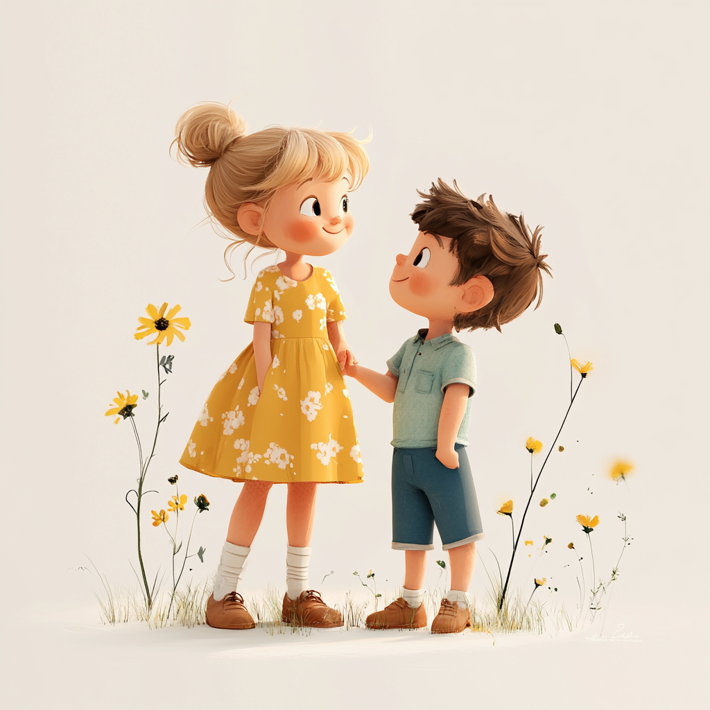 Children Talking in Wind with Cartoony Characters, Spring Colors