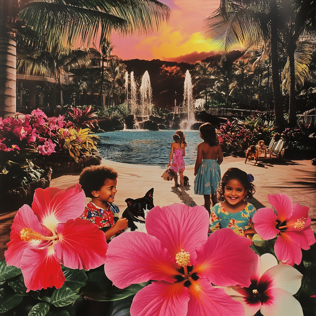 Children and pets enjoy Hawaii hotel sunset