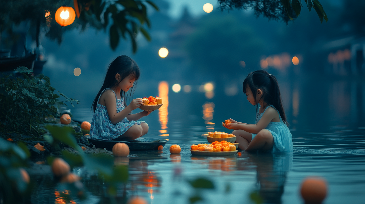 Children celebrate Mid-Autumn Festival with mooncakes and fruits.