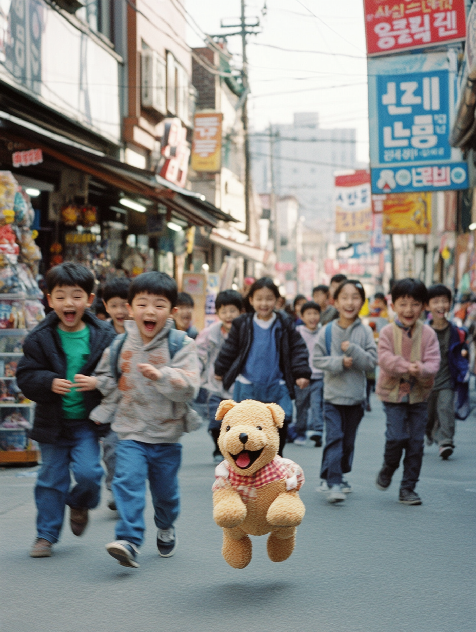 Children chasing laughing robotic dog on Seoul street