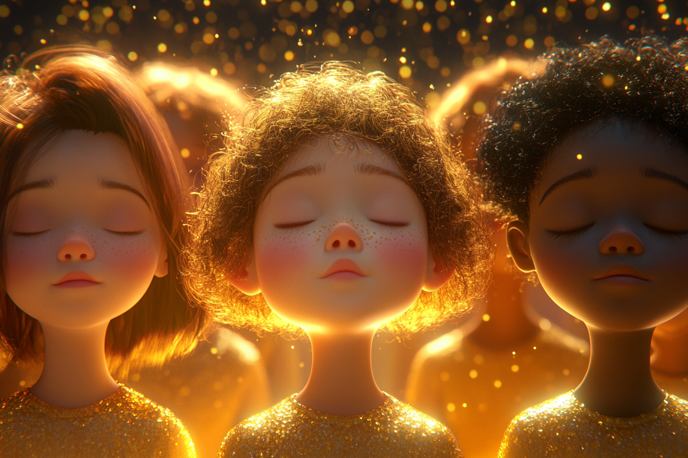 Children from different backgrounds with eyes closed glowing gold.