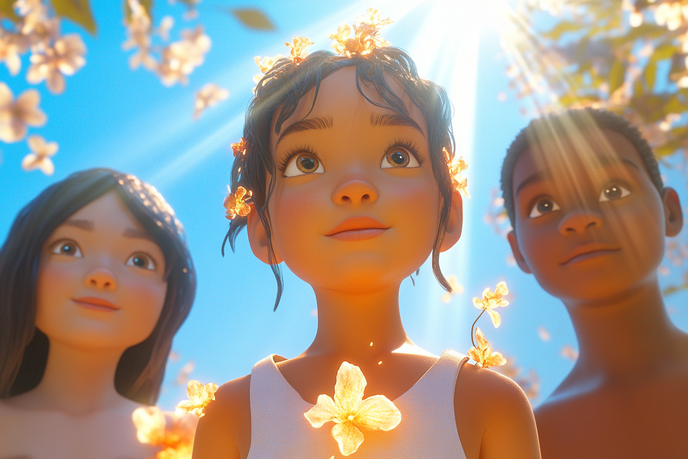 Children glowing with golden light under blue sky.