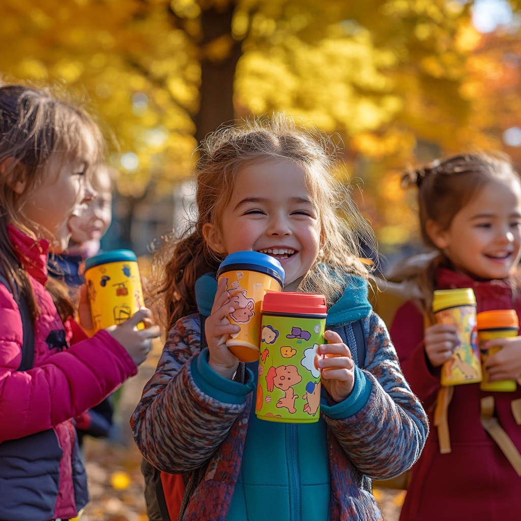 Children having fun drinking from colorful thermos cups.