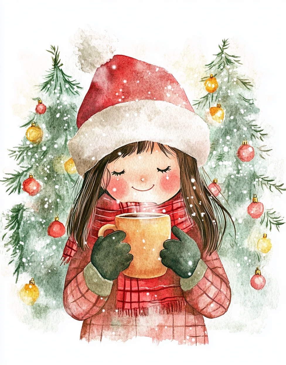 Children holding Christmas mug in winter watercolor painting