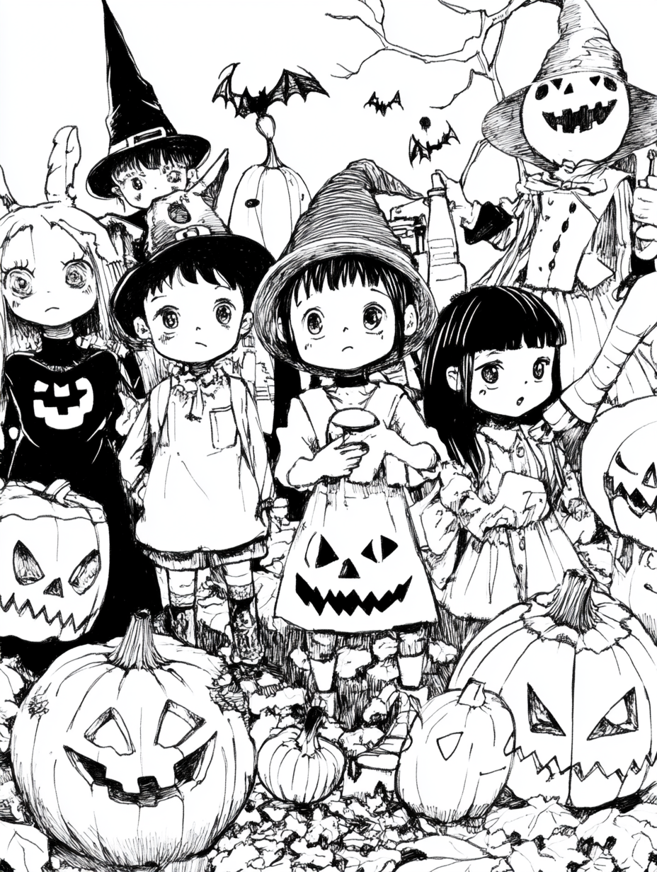 Children in Halloween costumes, masks, thick lines sketch.