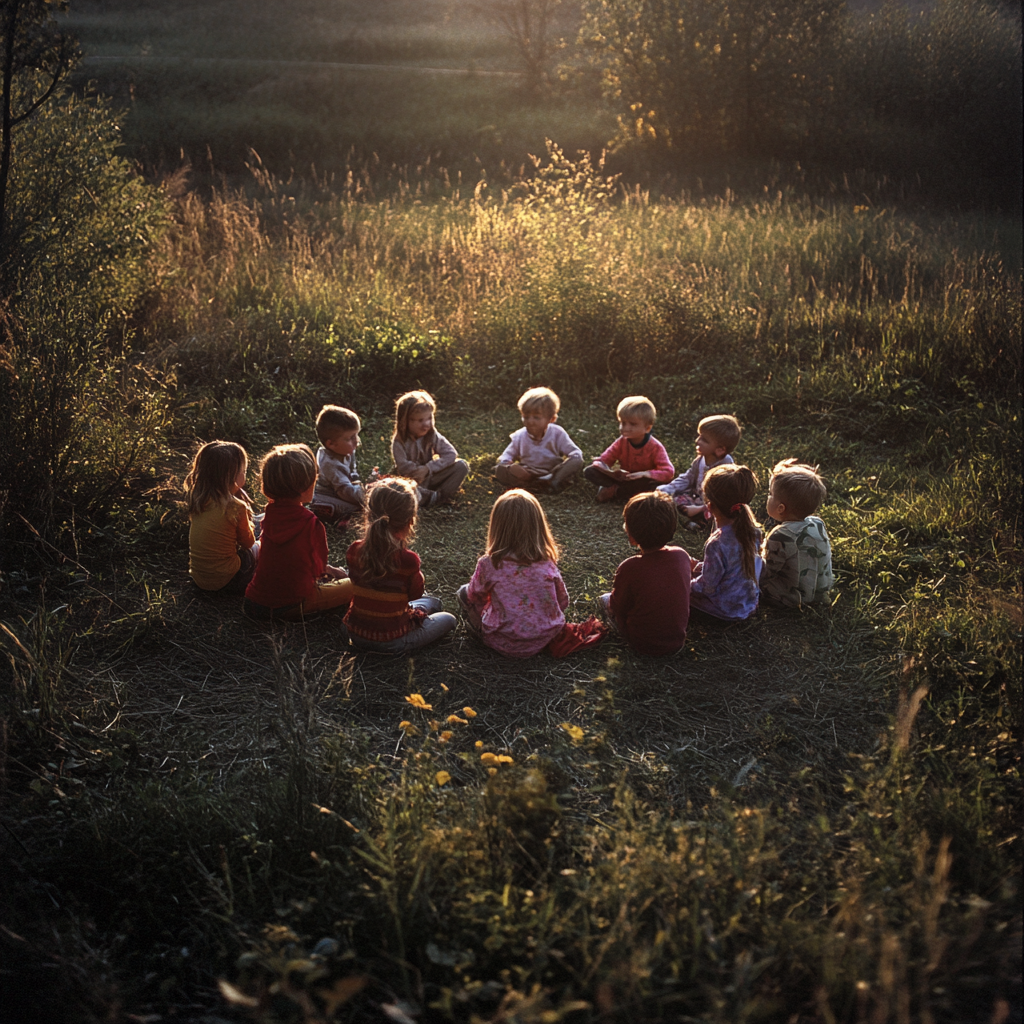 Children in Ukraine share dreams in peaceful field.