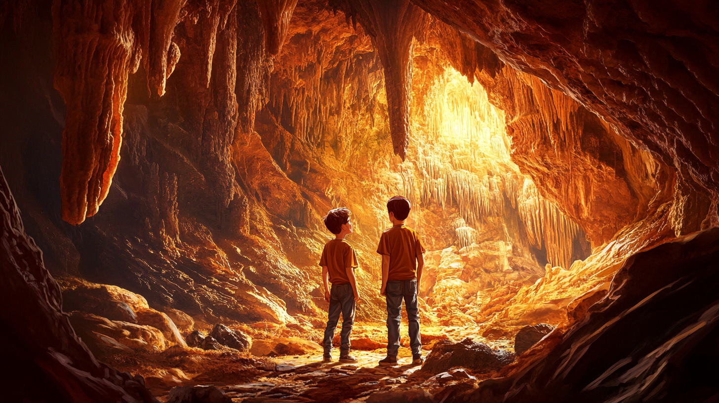 Children in colorful cave with rock formations