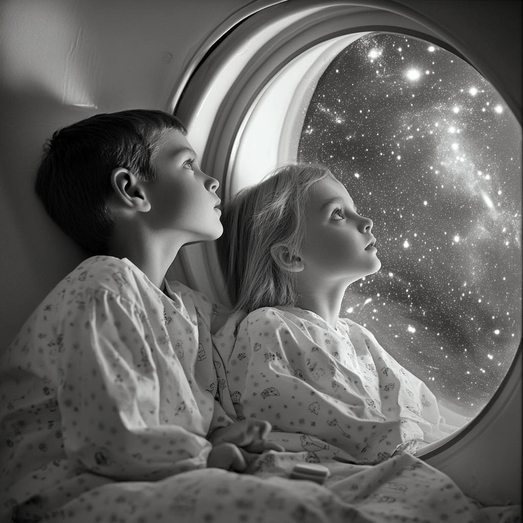 Children in hospital gowns peer into spaceship window.