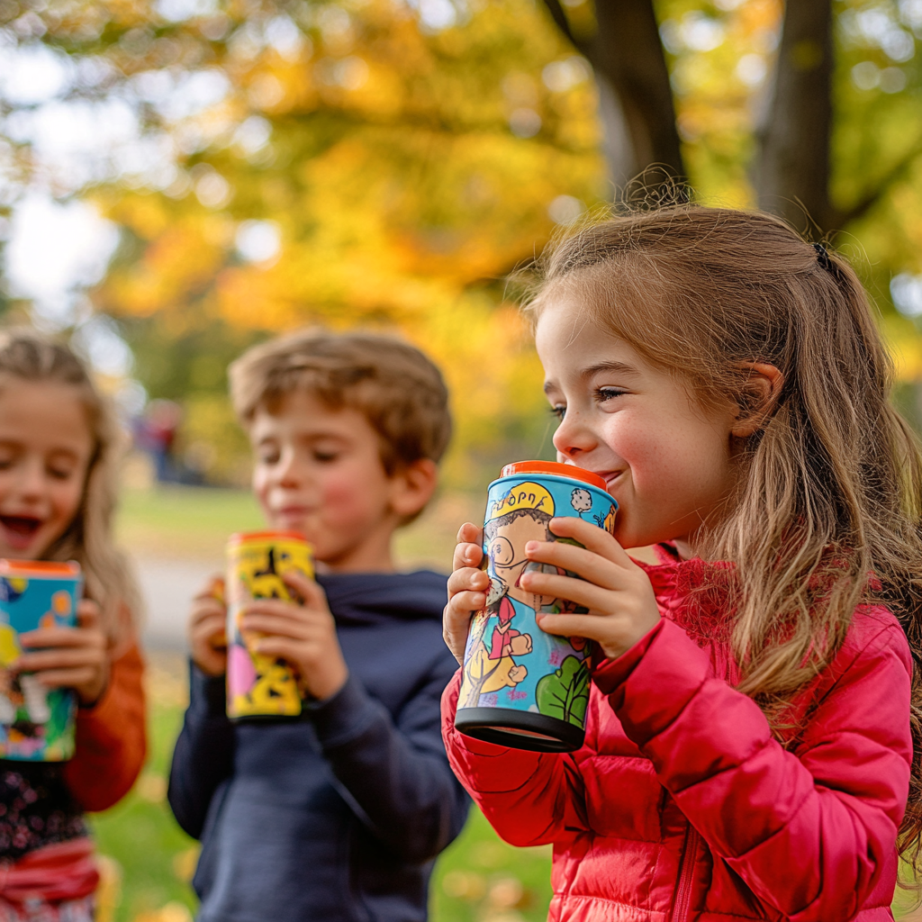 Children in schoolyard happily socializing with thermos cups.