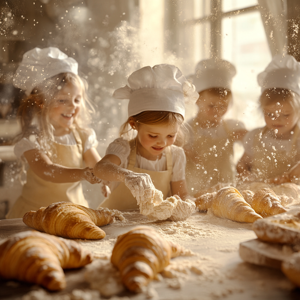 Children joyfully bake croissants in magical bakery