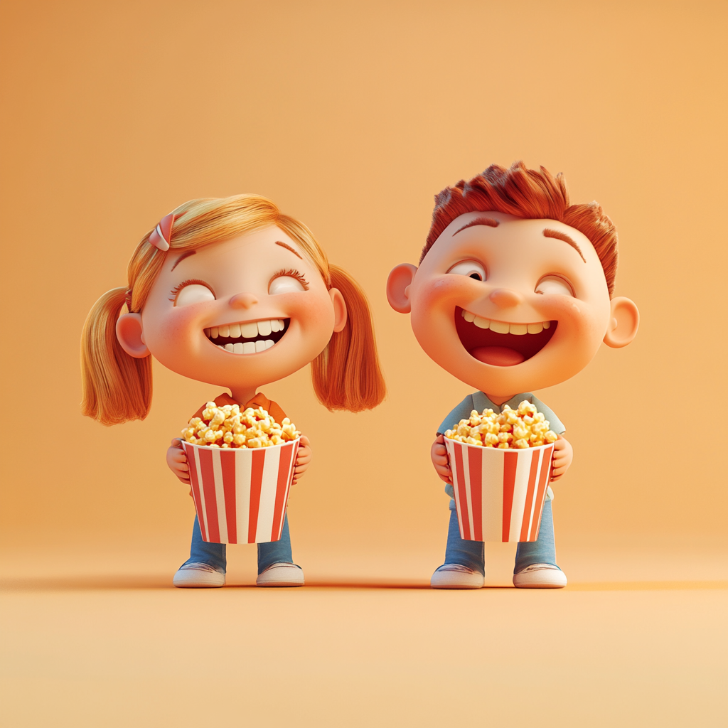 Children laughing while eating popcorn and watching animated movie.