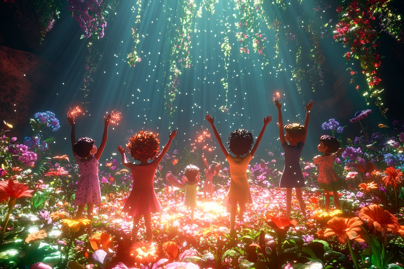 Children lifting arms, light beams clear darkness, flowers blooming.