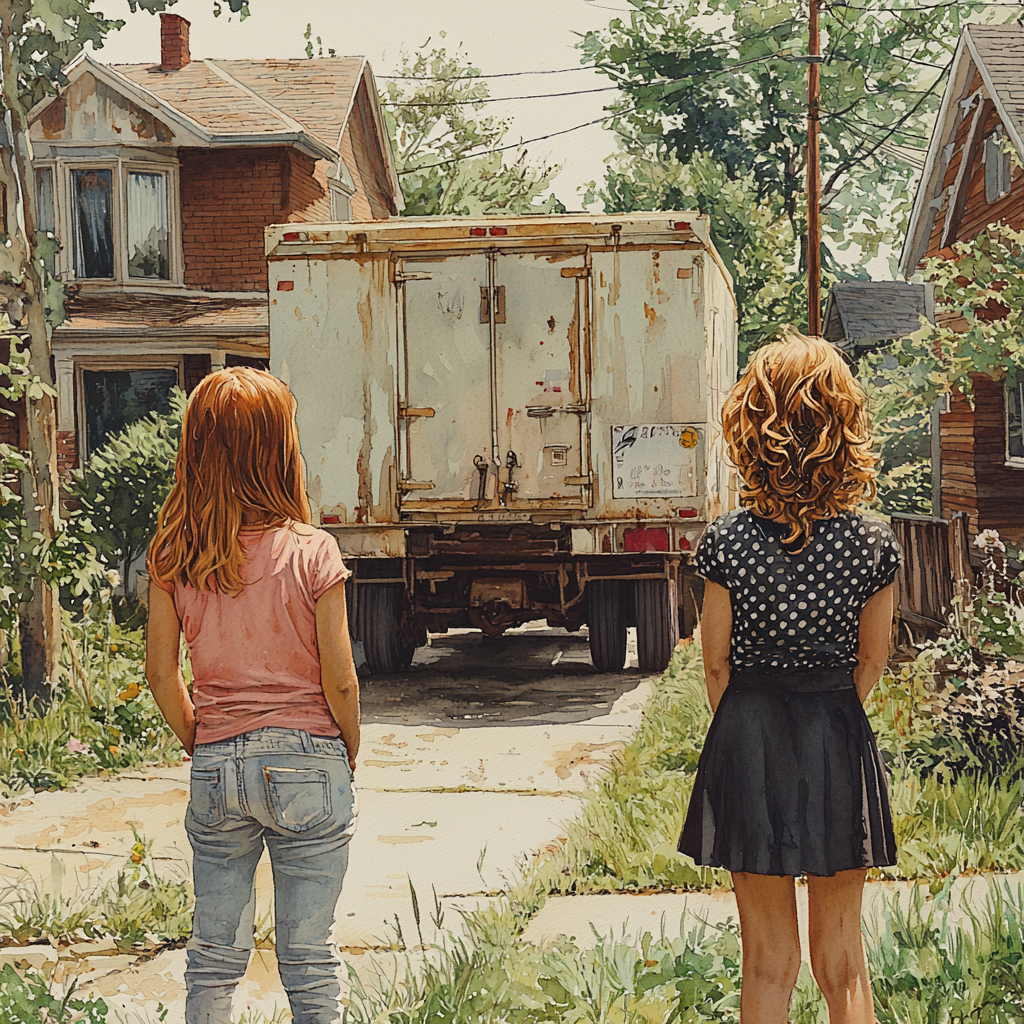 Children moving into colorful neighborhood on sunny day.