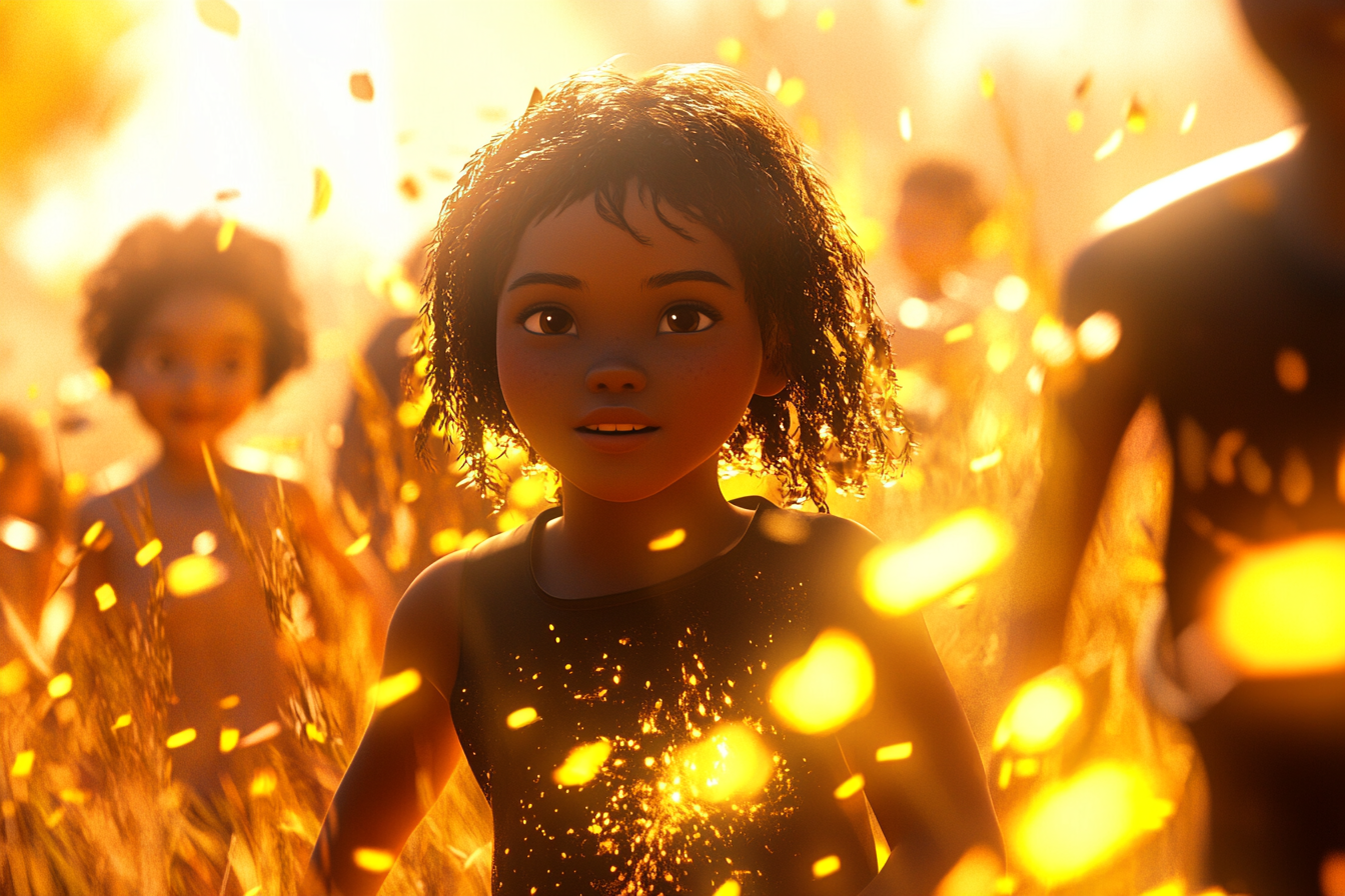 Children of various races illuminated by golden light outdoors.