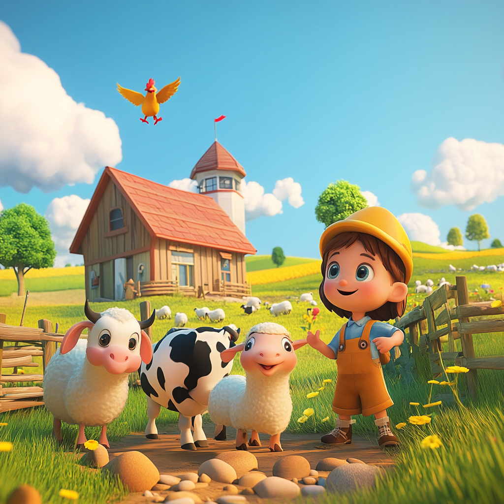 Children on farm, animals, having fun in cartoon.