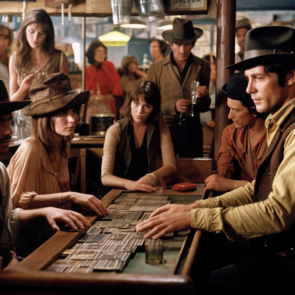 Children play cowboy movie scene, Billy Kid at bar.