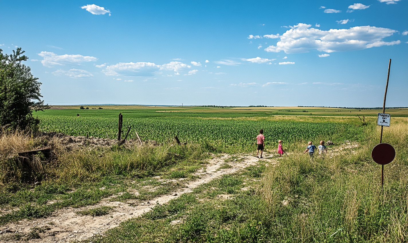 Children play in cleared, safe Ukrainian field. Hopeful peace.