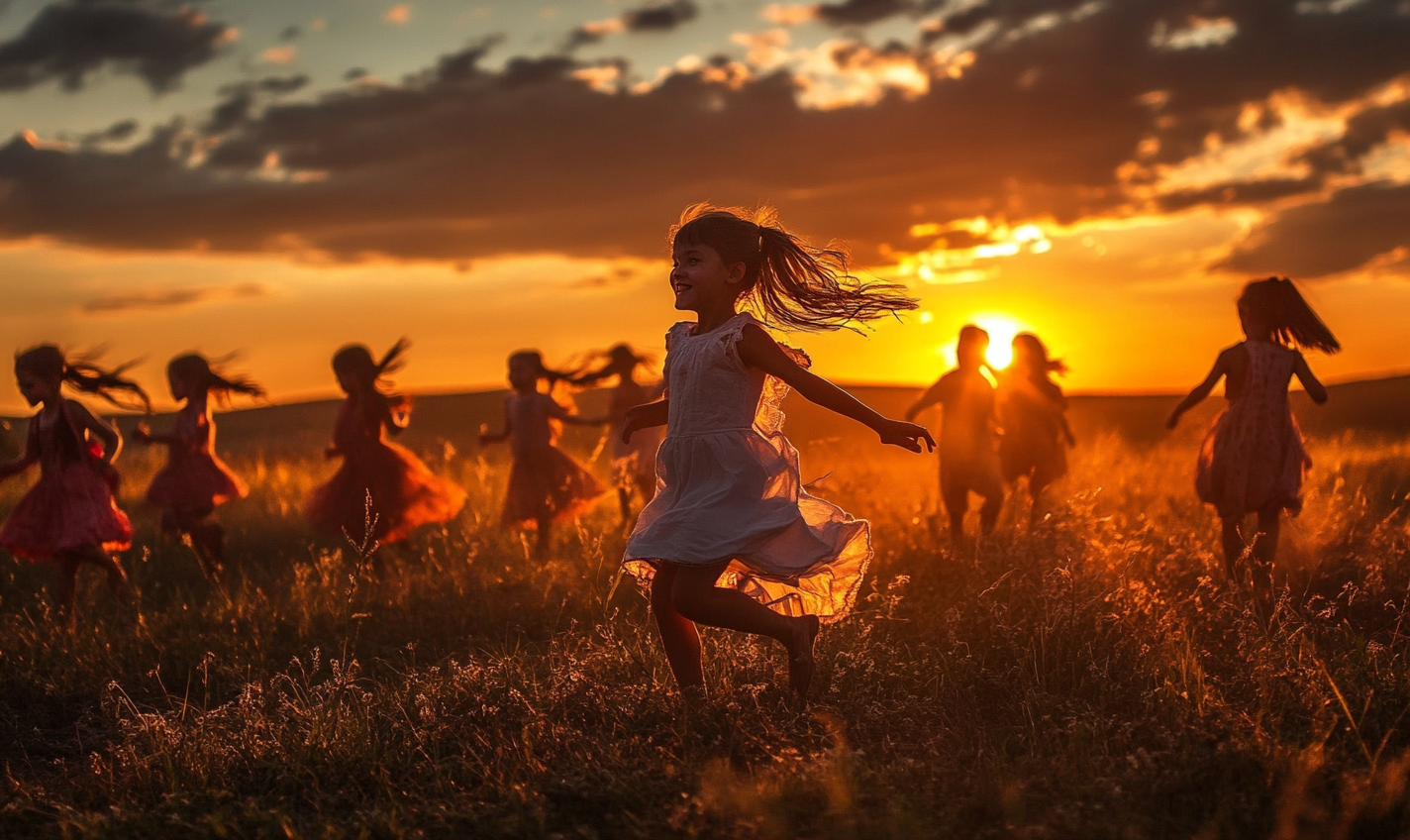 Children playing in Ukraine, under glowing sky.