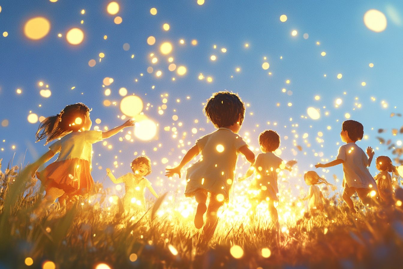 Children playing in golden light beams, glowing and shimmering.