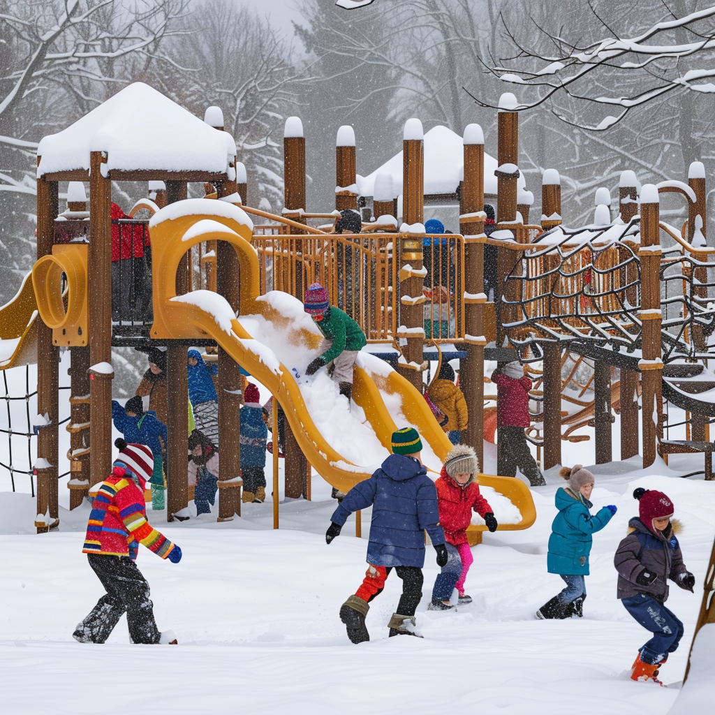 Children playing in snowy playground on colorful structures.