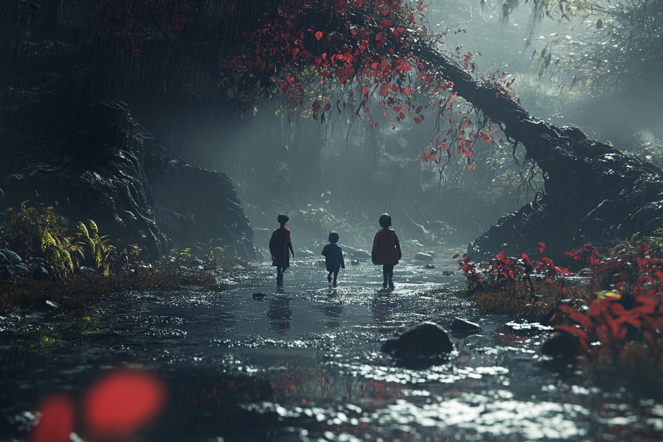 Children searching in dark, gloomy CGI world for light.