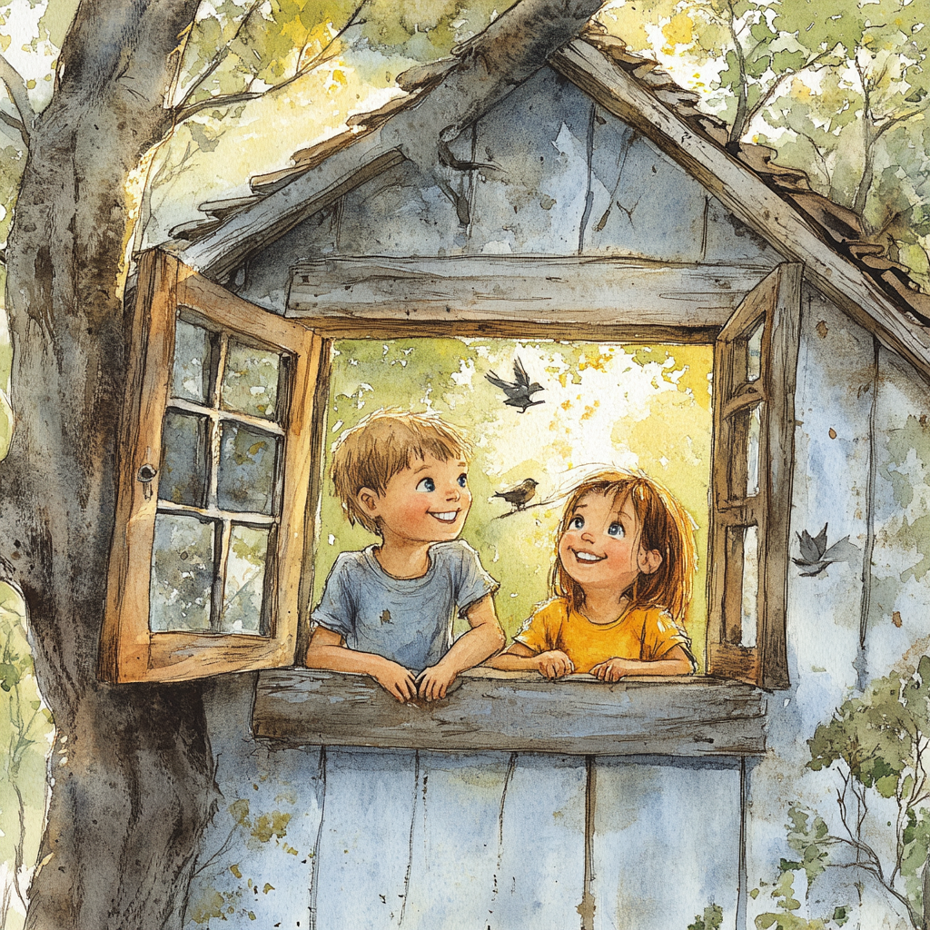 Children smiling by house window, looking at sun and nature.