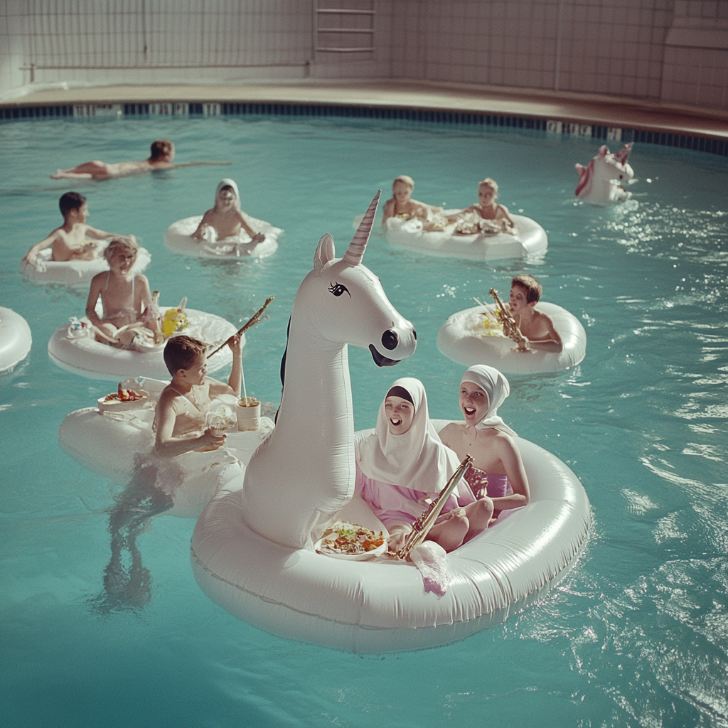 Children swimming, eating, playing instruments with happy nun supervising.