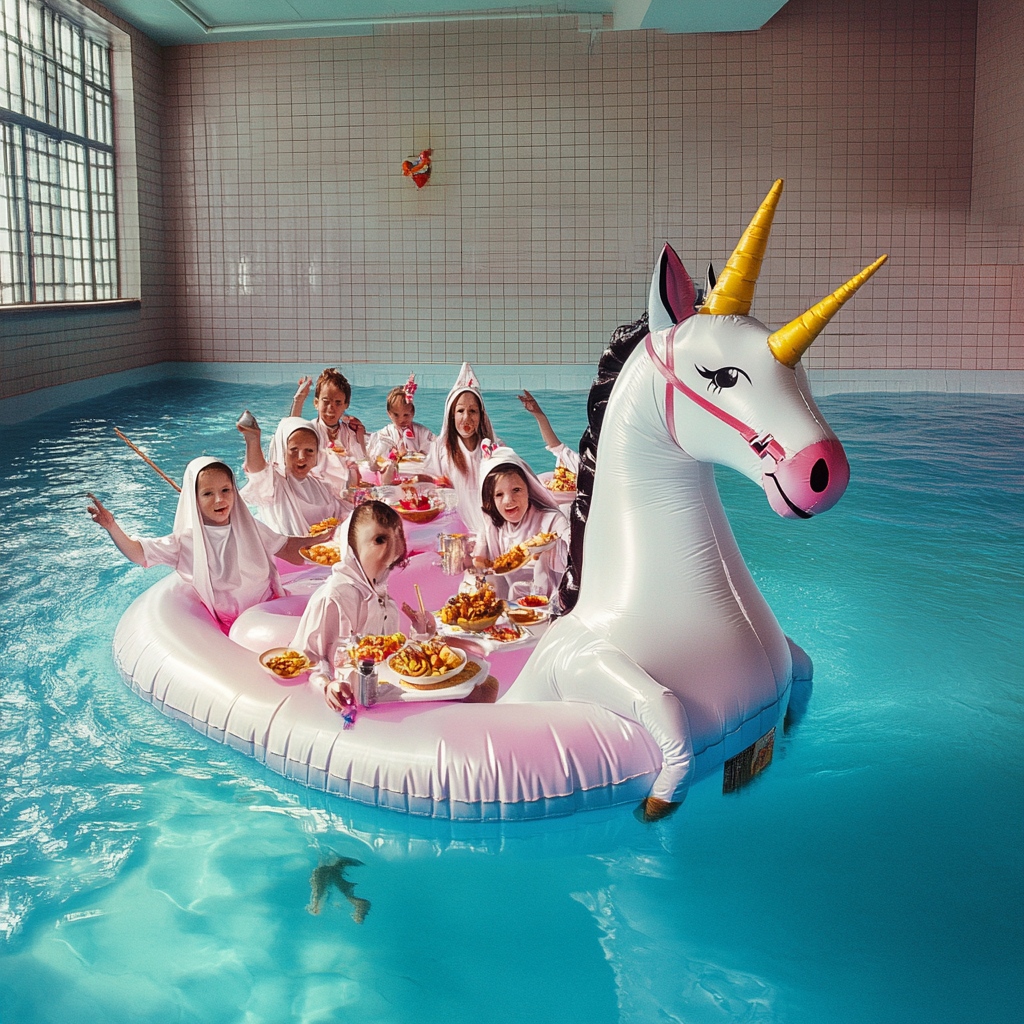 Children swimming, eating, playing instruments; nun on unicorn.