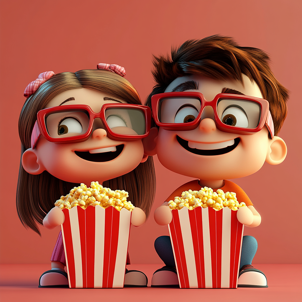 Children watching 3D movie with popcorn together.