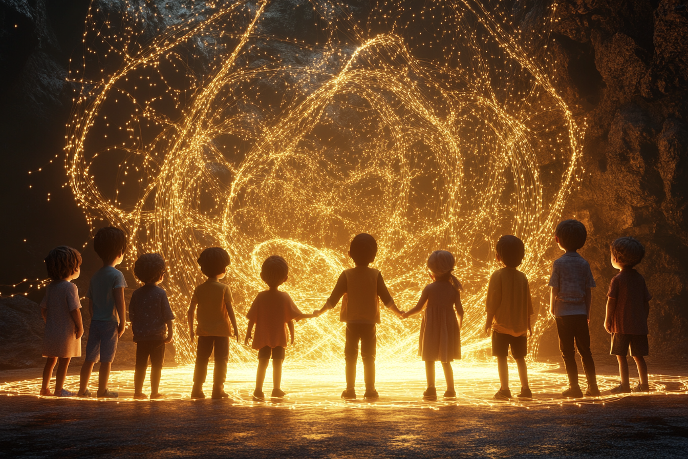 Children watching threads of light intertwine creating glowing network.