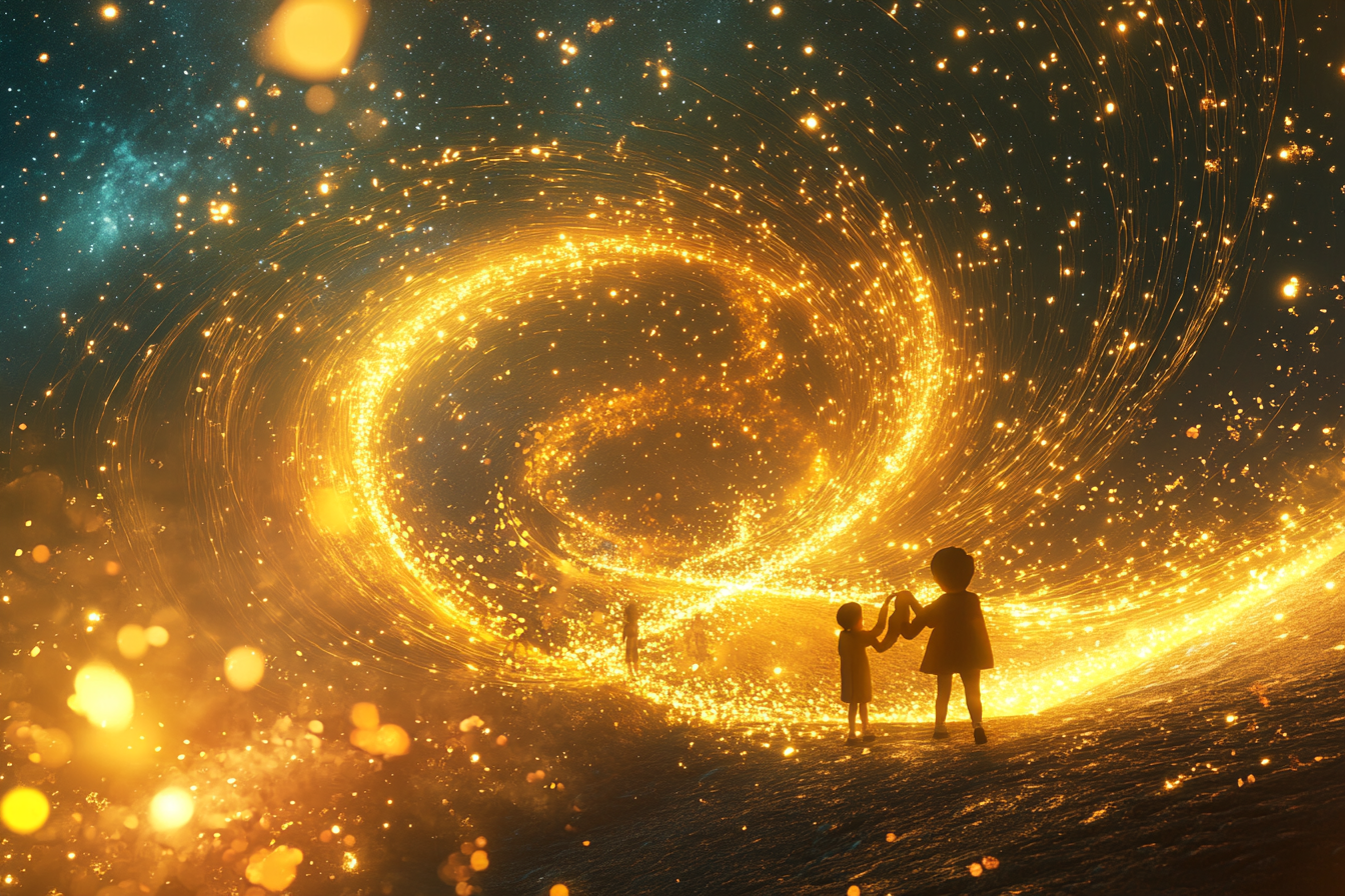 Children weaving golden threads between Earth and stars.