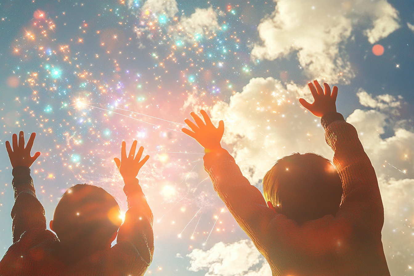 Children with sparkling auras reaching to light-filled clouds.