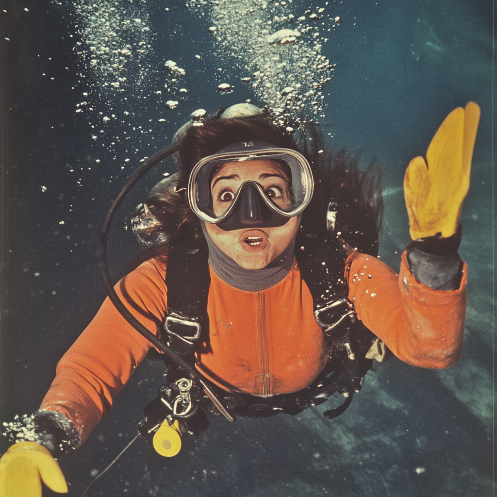 Chilean woman in orange drysuit diving inside sunken ship