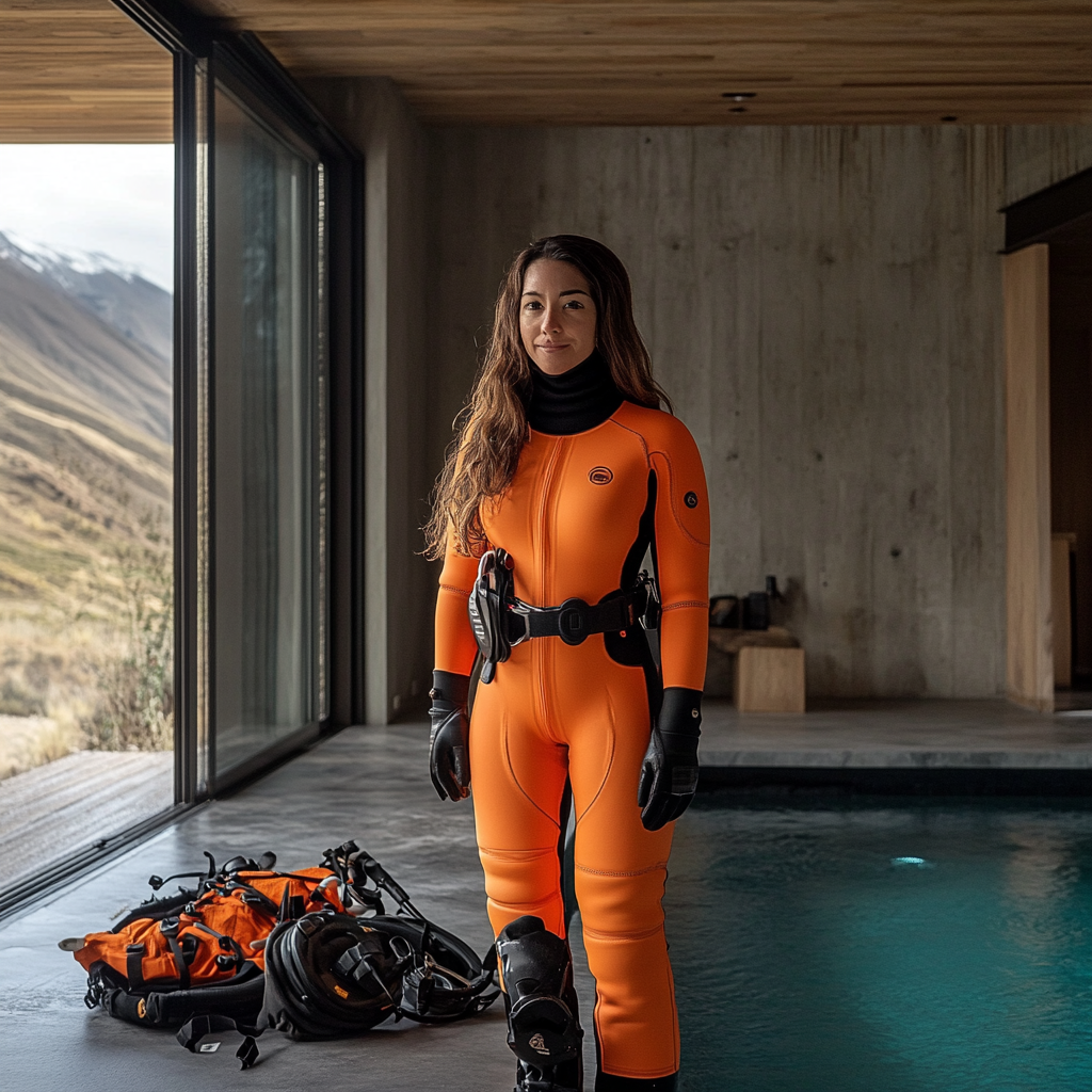 Chilean woman in orange drysuit standing by pool.