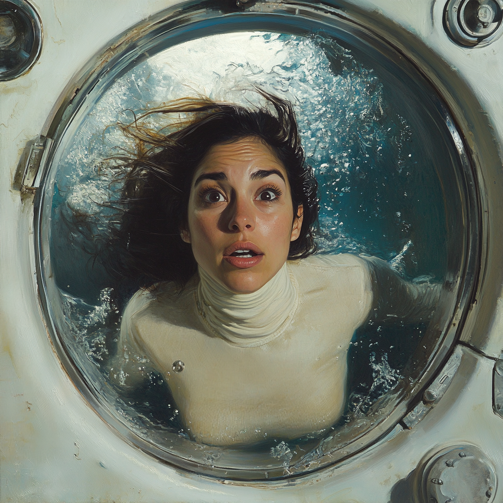 Chilean woman swimming out of submarine in ocean.