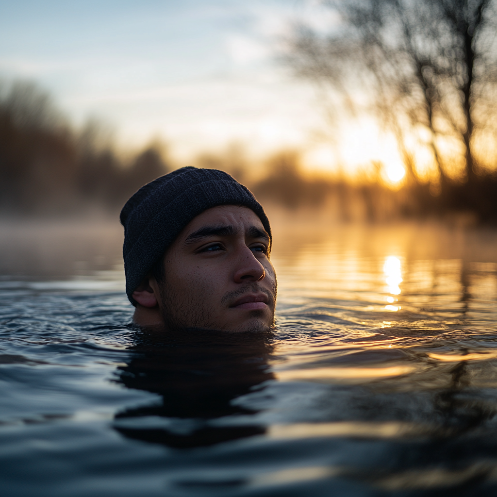 Chilly Lake Morning: Hispanic Man Submerged.