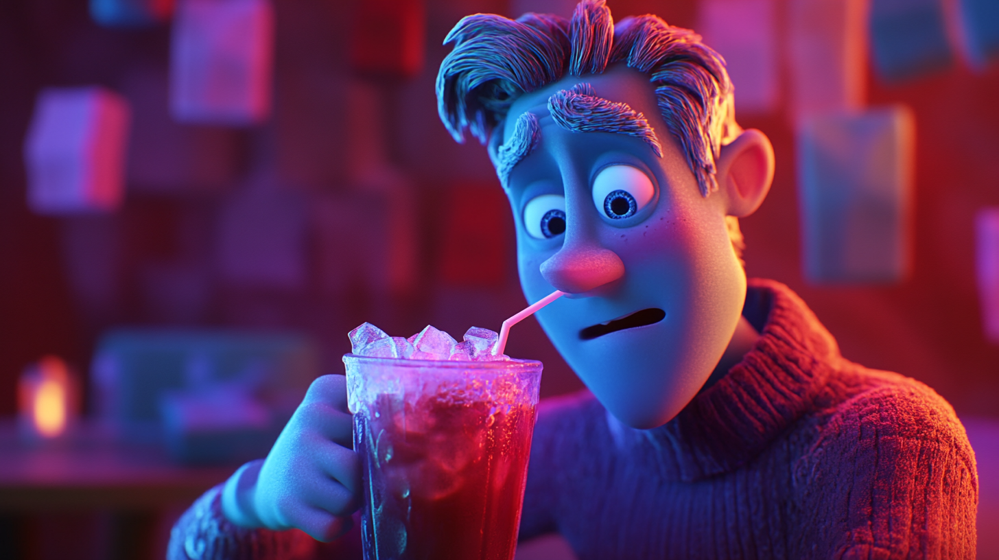 Chilly man sips cold Americano in Pixar scene